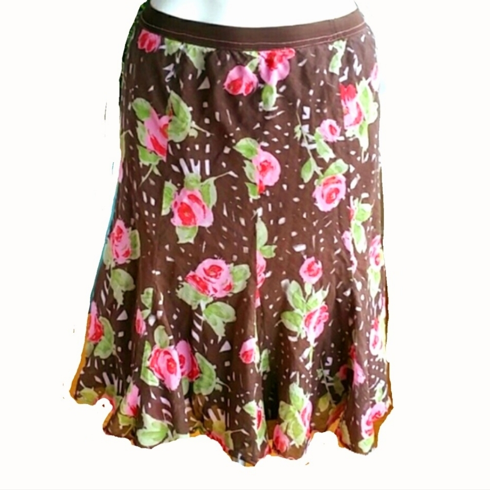 Vintage Y2K Free People Floral Pink and Brown Boho Cotton Skirt Sz Small/Petite